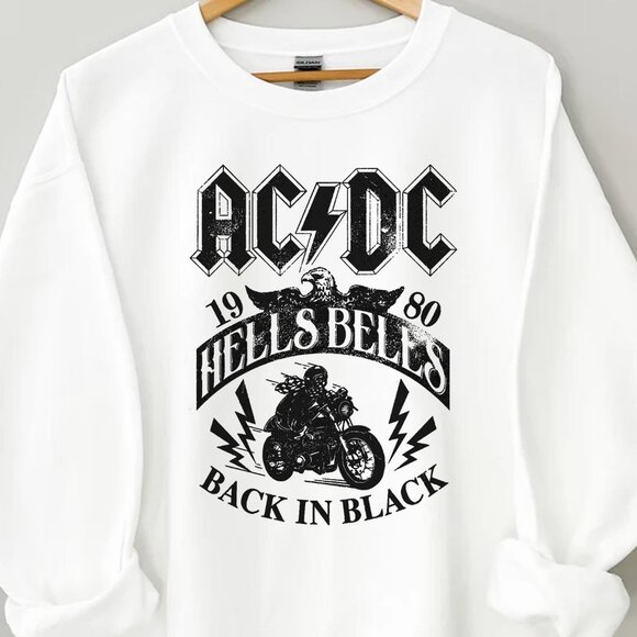 Vintage ACDC Hells Bells Sweaters, Graphic ACDC Back in Black Album shirt white - Picture 2 of 4